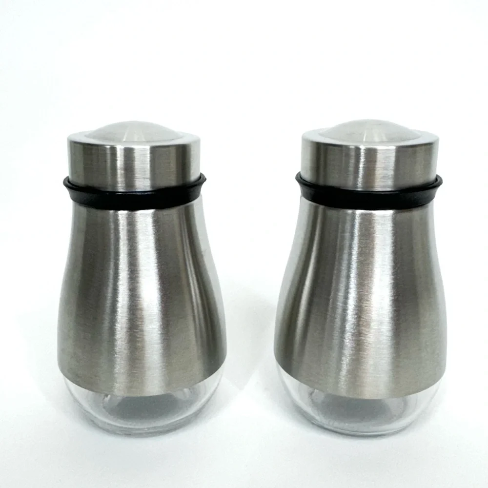 Salt & Pepper Shakers Two Size Plastic Sifters Snap On Top Stainless Steel Glass
